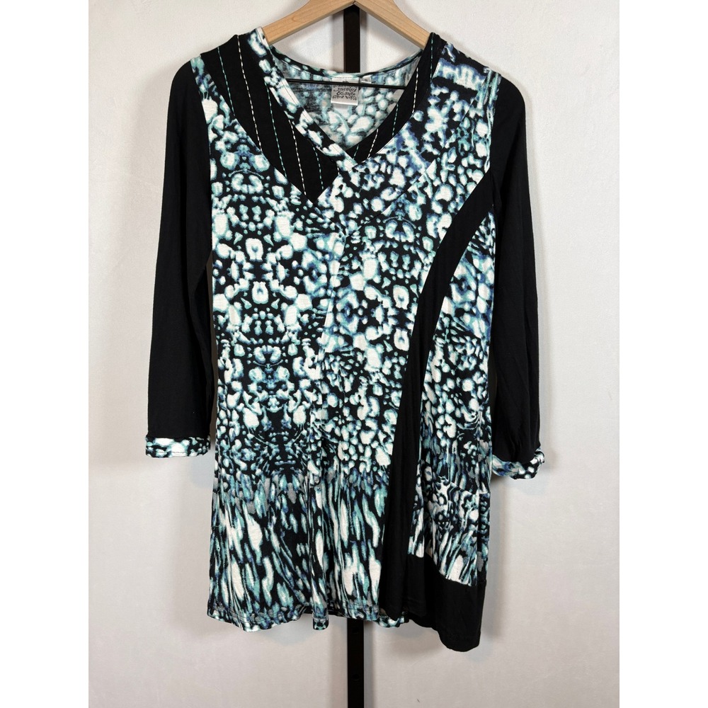 Parsley & Sage Tunic Top Womens Small Blue Abstract V-Neck Art to Wear Colorful
